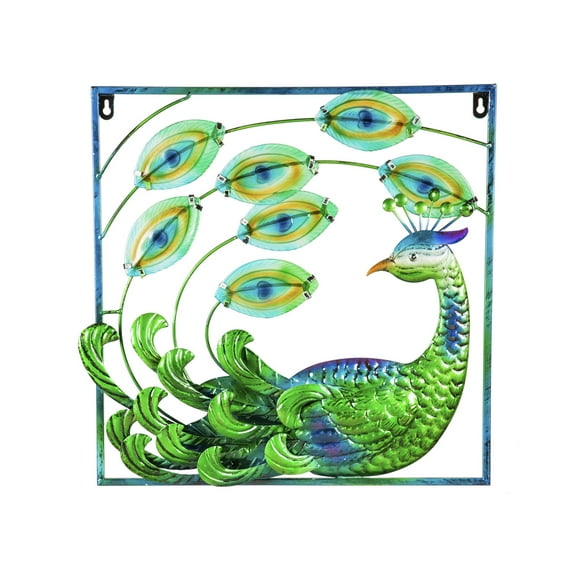 Evergreen Peacock Metal Outdoor Framed Wall Décor, 16.9''x 16.9'' x 1.9'' inches
