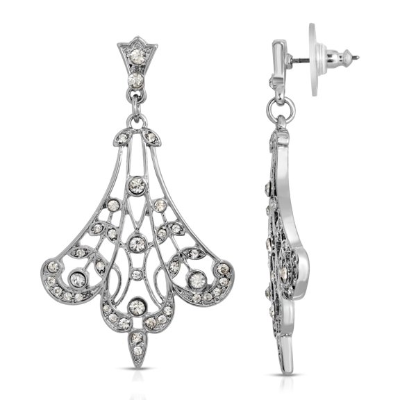 1928 Jewelry Crystal Silver Fan Filigree Drop Earrings