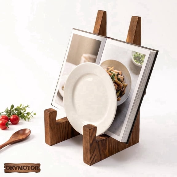OKYMOTOR 8.66 inch Wooden Plate Stand Rustic Hardwood, Innovative Detachable Wobble-Free 3D Design for Plates Pictures Cookbooks & Tablets