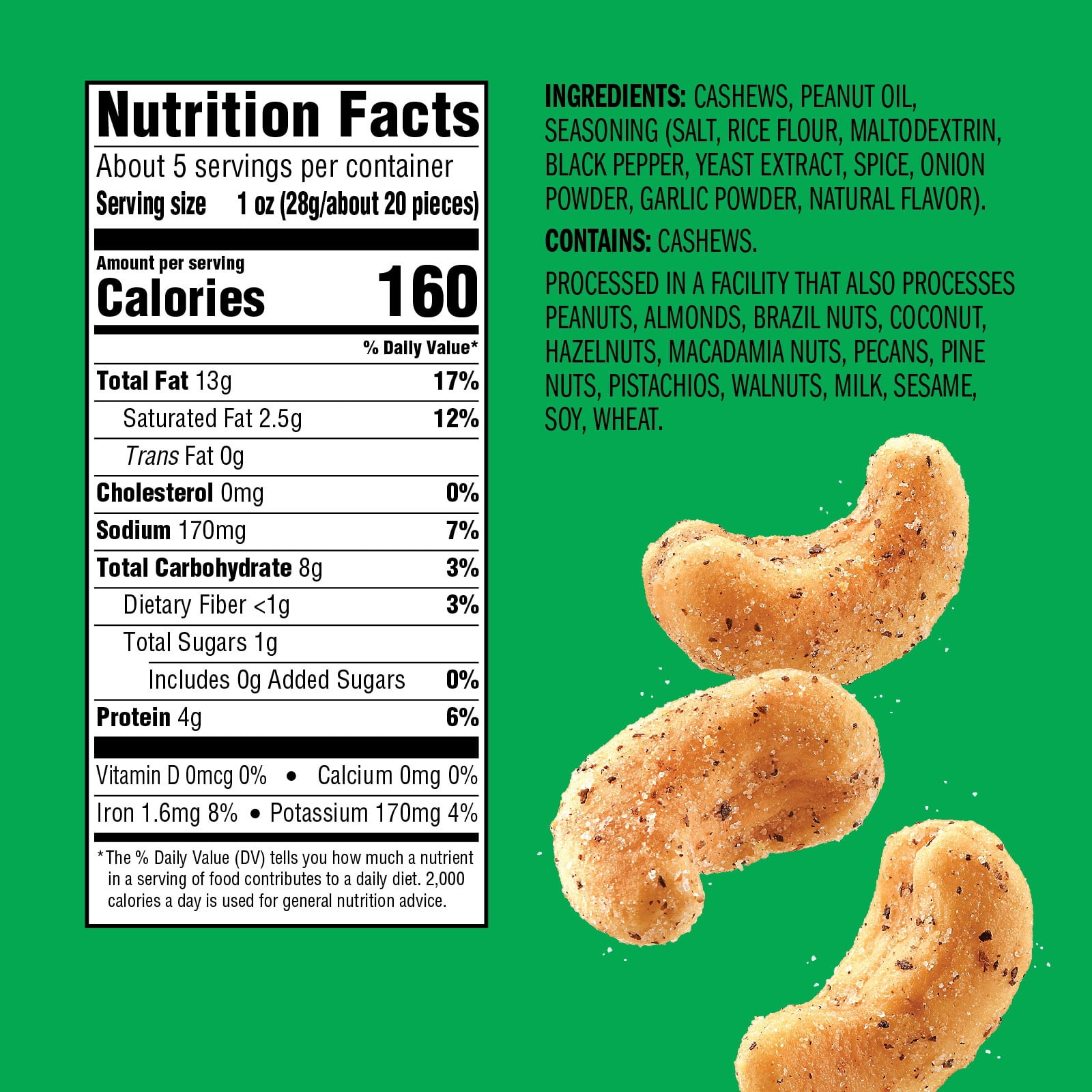 Emerald Nuts, Salt and Pepper Cashews, Stand Up Bag, 5 Ounce (Pack of 2)