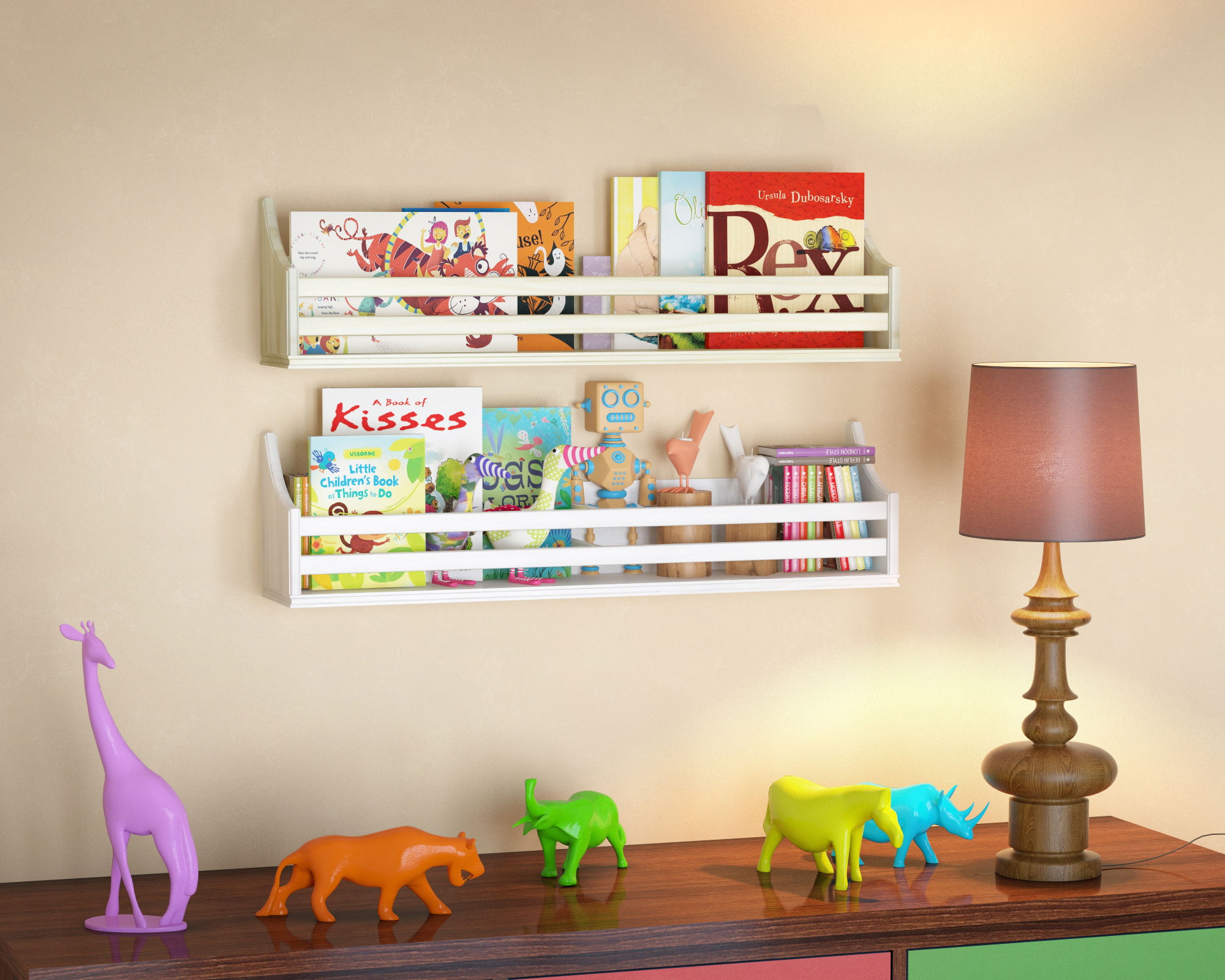Set Of 2 Childrens Wood Wall Shelf Multi Purpose 30 Inch Bookcase Toy