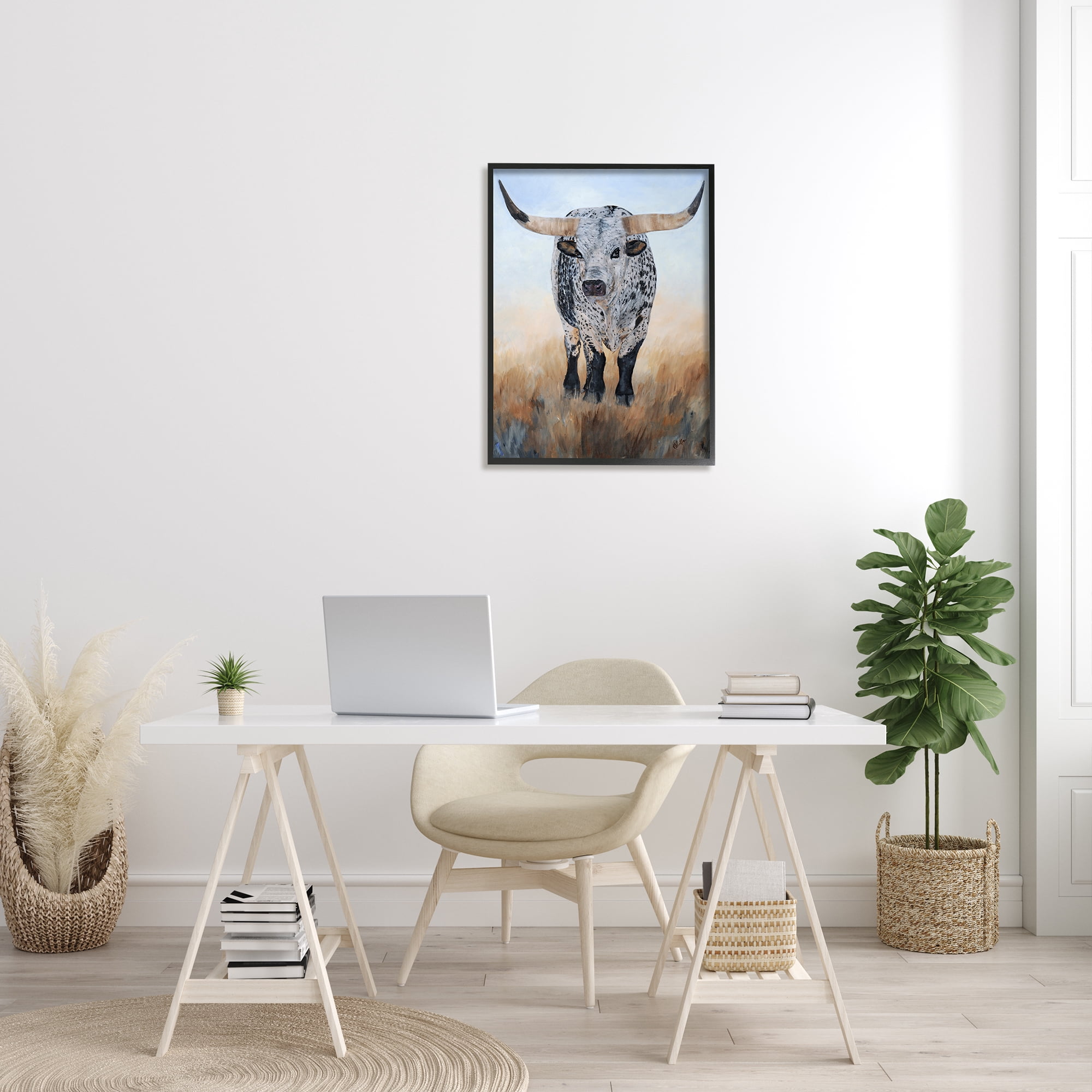 Stupell Rural Longhorn Cattle Animal Animals & Insects Painting Black Framed Art Print Wall Art