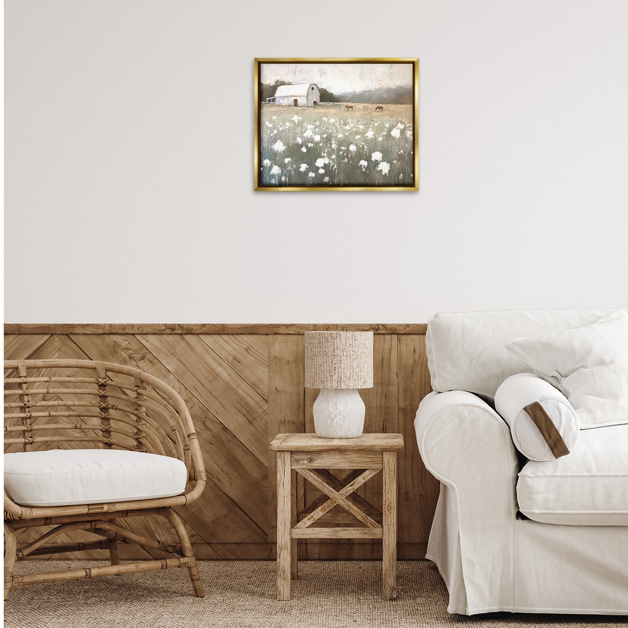 Stupell Industries Peaceful Horse Pasture Landscape Painting Gold Floater Framed Canvas Art Print Wall Art, 21 x 17