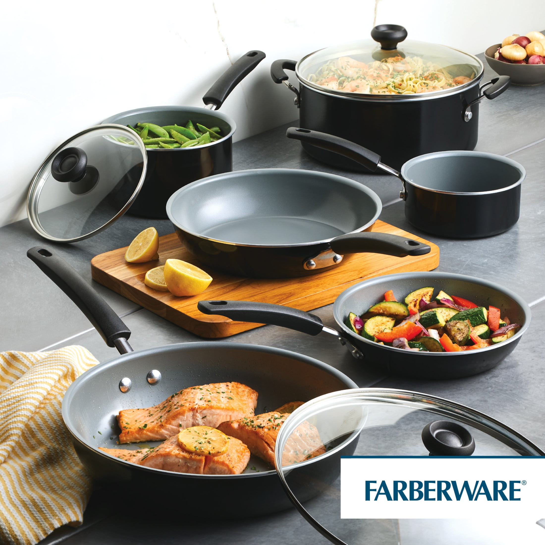 Farberware Easy Clean Pro 14 Pcs Ceramic Nonstick Cookware Set with Cooking Tools, Dishwasher Safe, Black