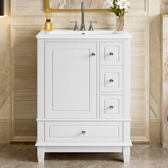 MAYEERTY 24" Bathroom Vanity with Sink Drawers, Freestanding Cabinet Ceramic Top Storage Shelves MDF Solid Wood Base, Modern Small Bathrooms, White