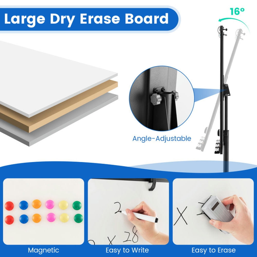 Yardi Yard Height-Adjustable Mobile Whiteboard with Round Stand Paper Clips-Black, Mobile Whiteboard for Office, Home & Classroom