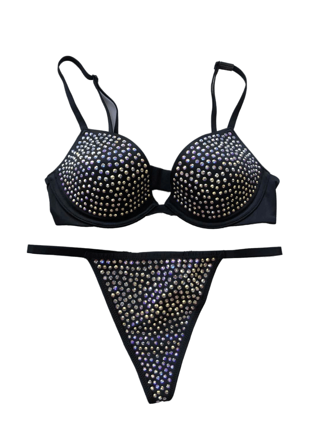 Victoria's Secret Very Sexy Embellished Low-cut Demi Bra and Panty Set  Bling Rhinestone Black 32C/XS New