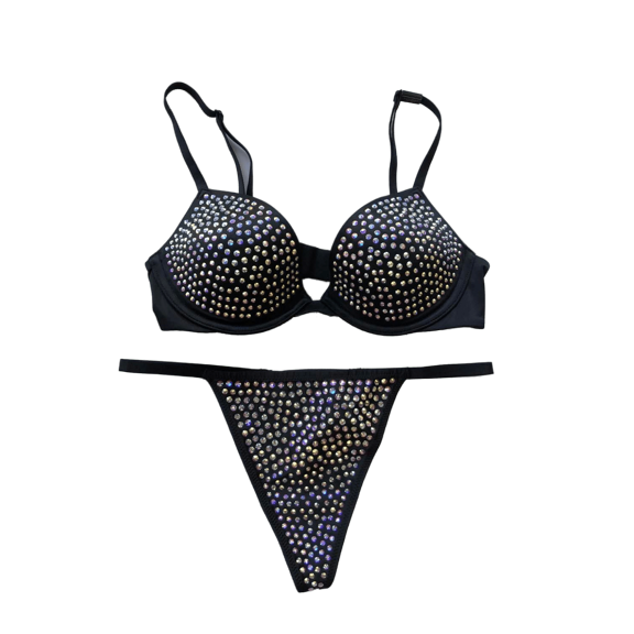 Victoria's Secret Very Sexy Embellished Low-cut Demi Bra and Panty Set Bling Rhinestone Black 32C/XS New