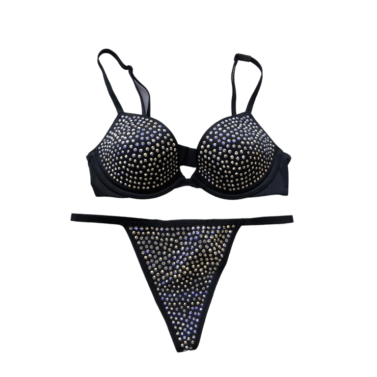 Victoria's Secret Very Sexy Embellished Low-cut Demi Bra and Panty Set  Bling Rhinestone Black 34B/S NWT