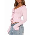 thumbnail image 2 of Women Ruffle Tie Front Cardigan Sweater Long Bell Sleeve Cropped Knit Sweater Top Pink XL, 2 of 7
