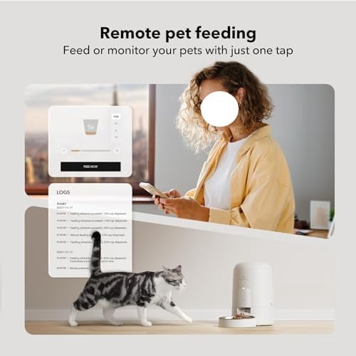 Automatic Cat Feeder, Wi-Fi Rechargeable Cats Food Dispenser Battery-Operated with 30-Day Life, AIR 2.4G Wi-Fi Timed Pet Feeder for Cats & Dogs, 2L Auto Cats Feeder, White