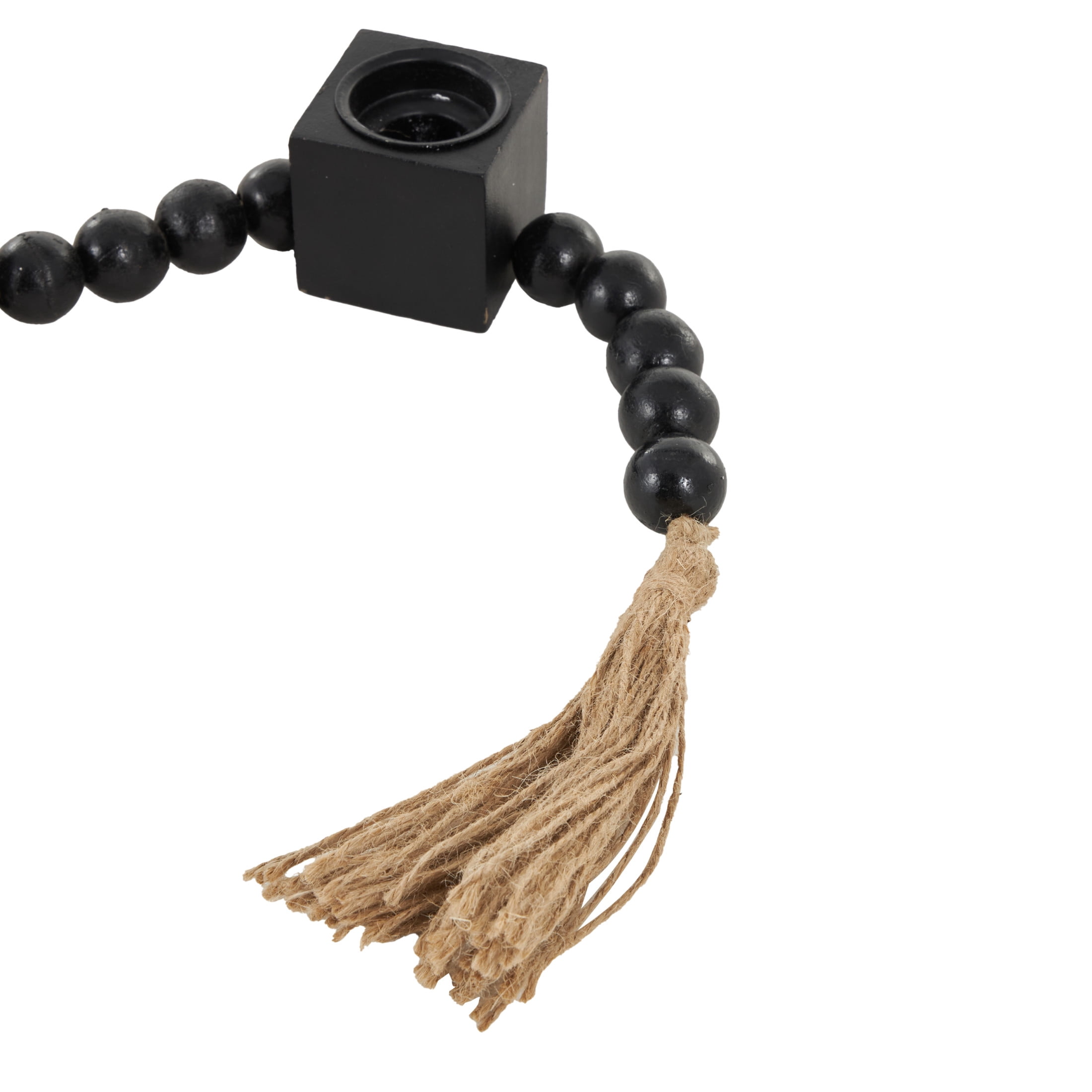 DecMode 5 Candle Black Wood Square Garland Candle Holder with Brown Tassel