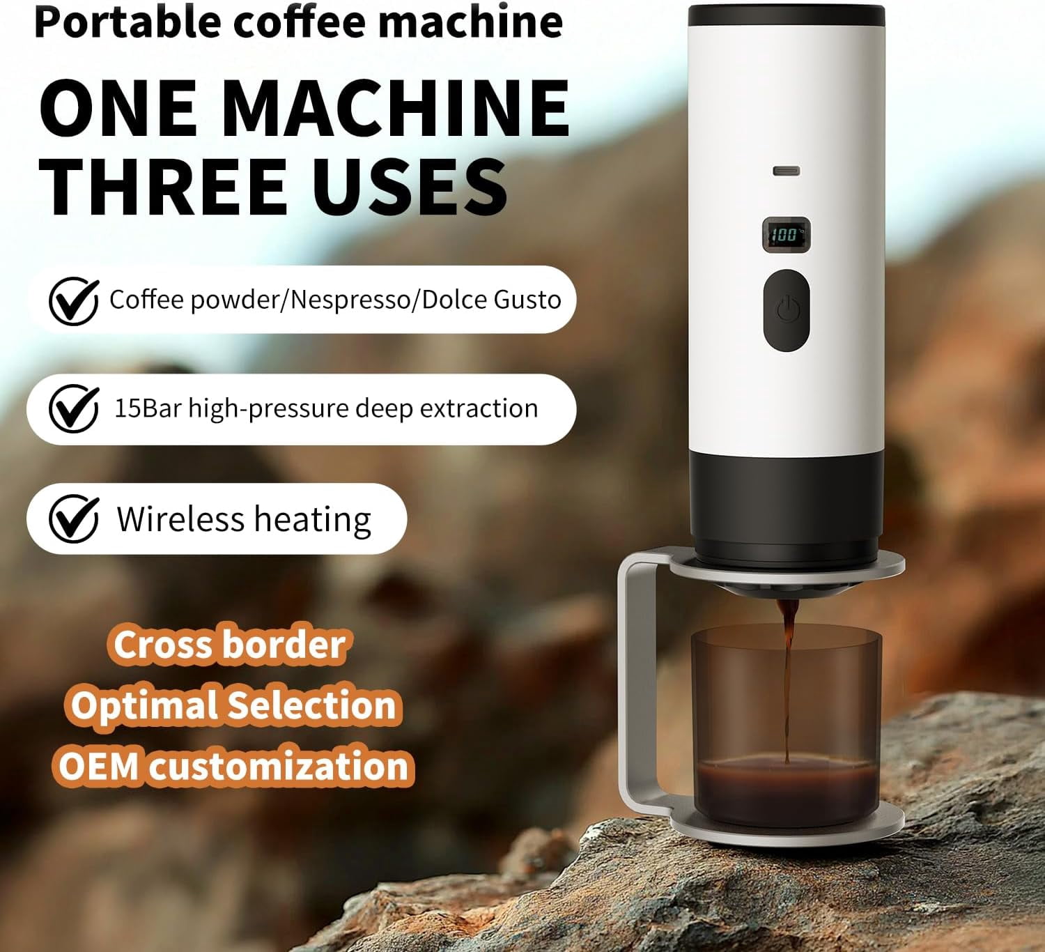3-in-1 Portable Coffee Maker, Portable Espresso Machine with LED Display and 90ml Sink, Compatible with Ground Coffee & Capsules for RV, Hiking, Office, Auto-Heating, USB-C (Gray)