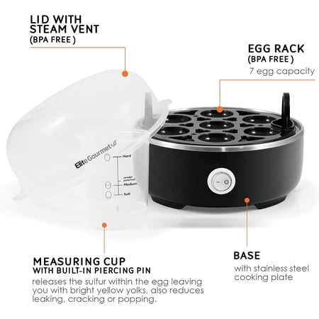 Elite Gourmet EGC115B Easy Egg Cooker Electric 7-Egg Capacity, Soft, Medium, Hard-Boiled Egg Cooker with Auto Shut-Off, Measuring Cup Included, BPA Free, Classic Black