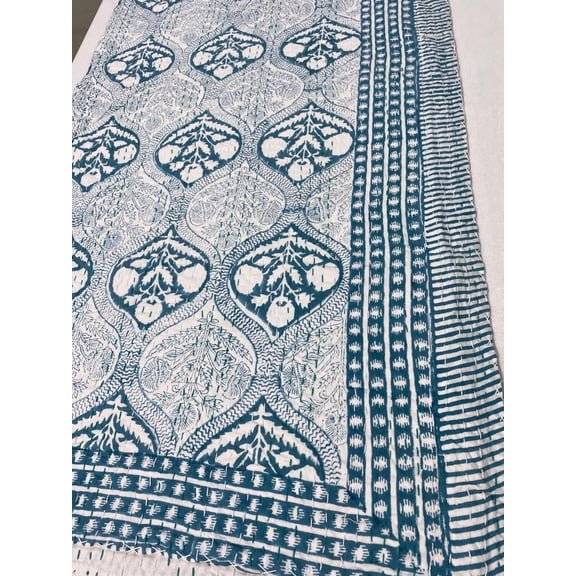 Blue Leaf Block Print Indian Kantha Quilt â€“ Handmade pure Cotton Bedspread, Lightweight Teal Pattern Blanket for Bedroom & Home Decor