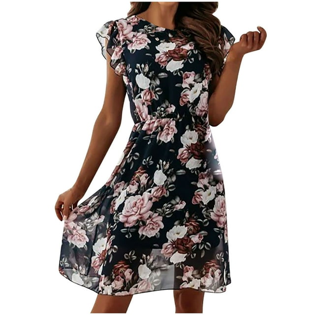 Boho Dress for Women Crewneck Ruffle Sleeve Floral Print Beach Dress Ruffle Tie Waist Summer A Line Swing Mini Dress