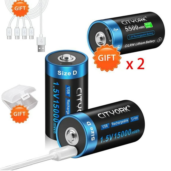 4 Pack 1.5V USB Lithium High Capacity Battery, 2 Pack 5500mWh C Size Rechargeable Batteries and 2 Pack 15000mWh D Size Rechargeable Batteries with Battery Case and Charging Cable