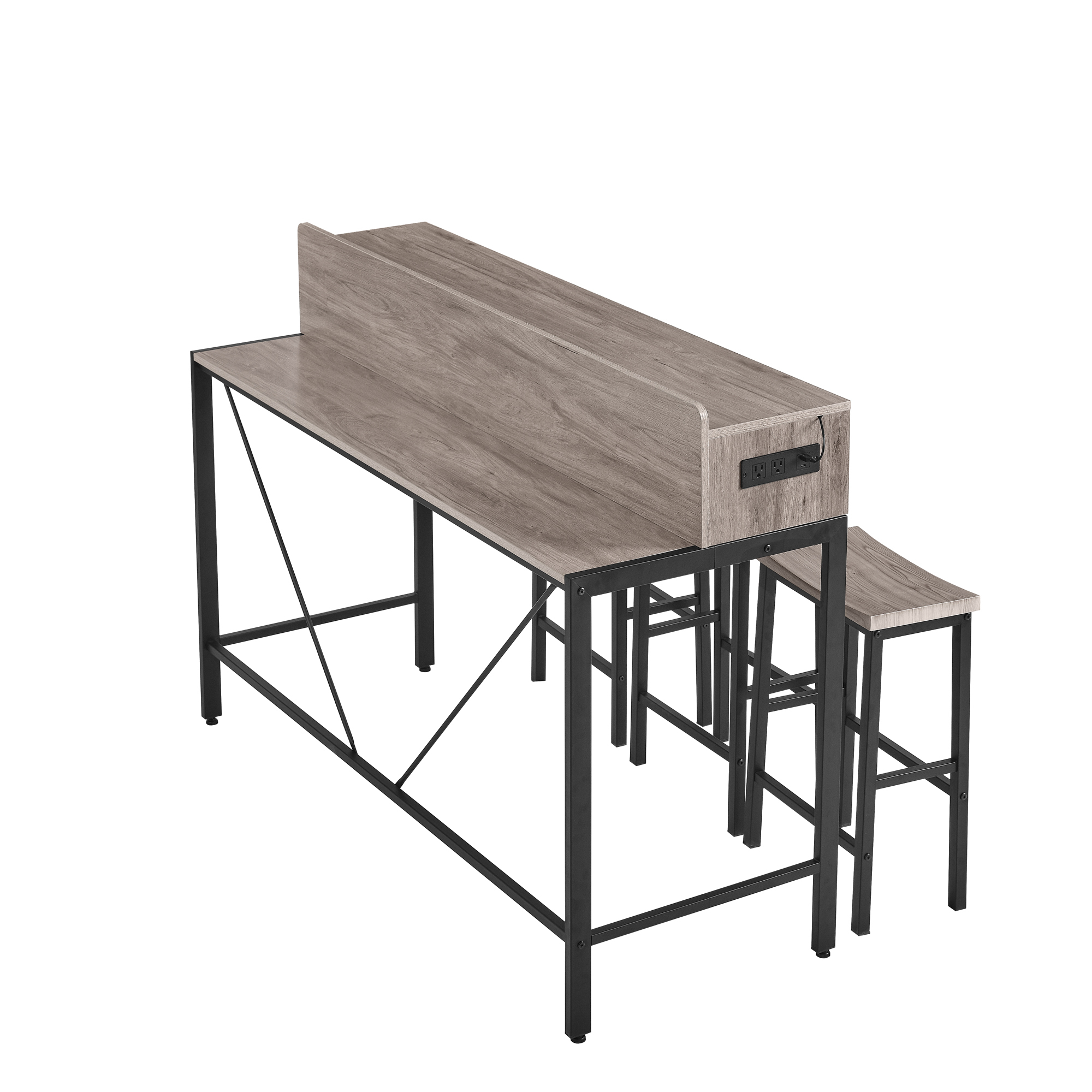 HOQBN Bar Table Set,59 inch Bar Table with Power Socket and LED Light,4-piece Bar Table and 3 Saddle Stools Set for Living Room, Dining Room and Kitchen,Gray