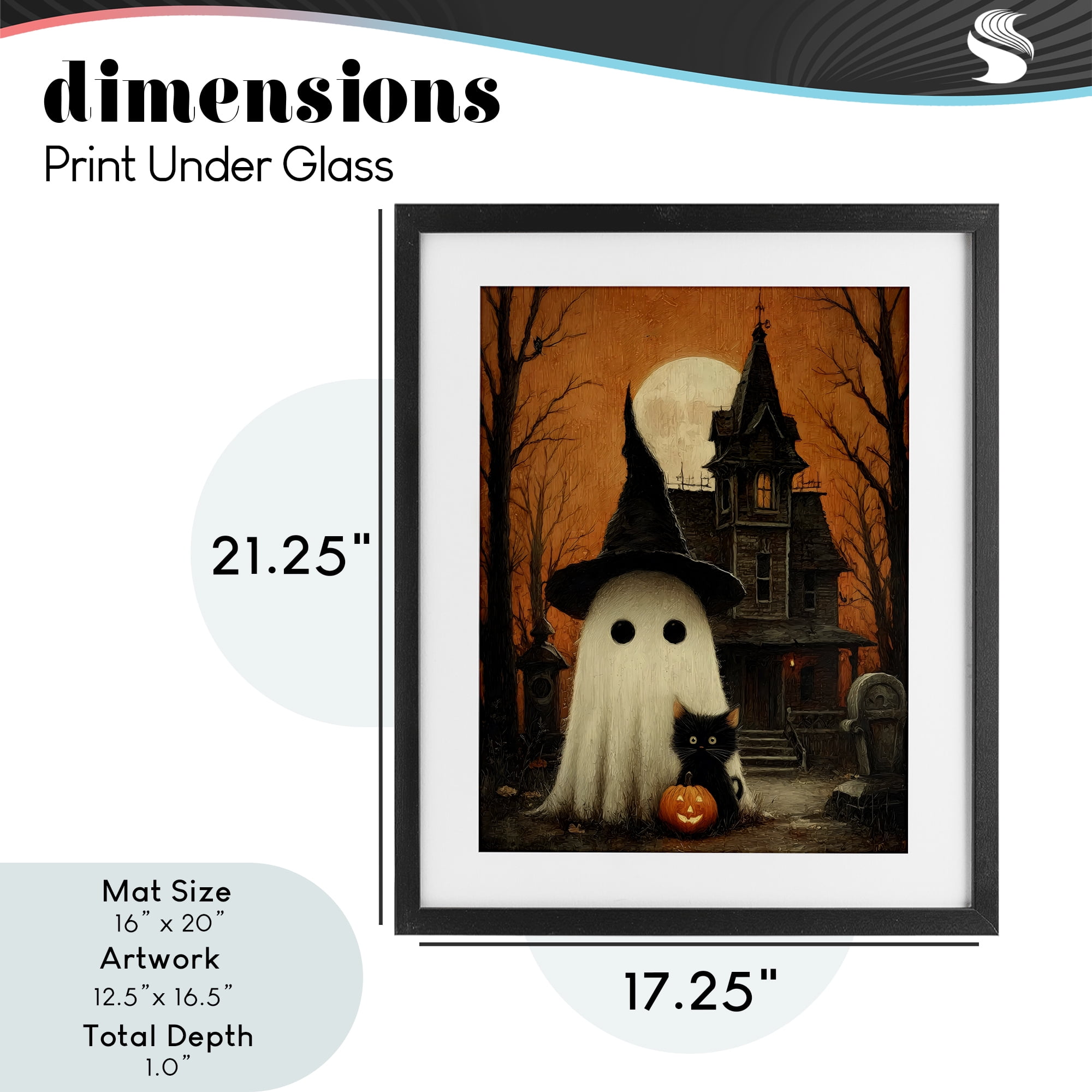 Cute Ghost & Haunted House Black Framed Print Under Glass, design by Arlington Prints