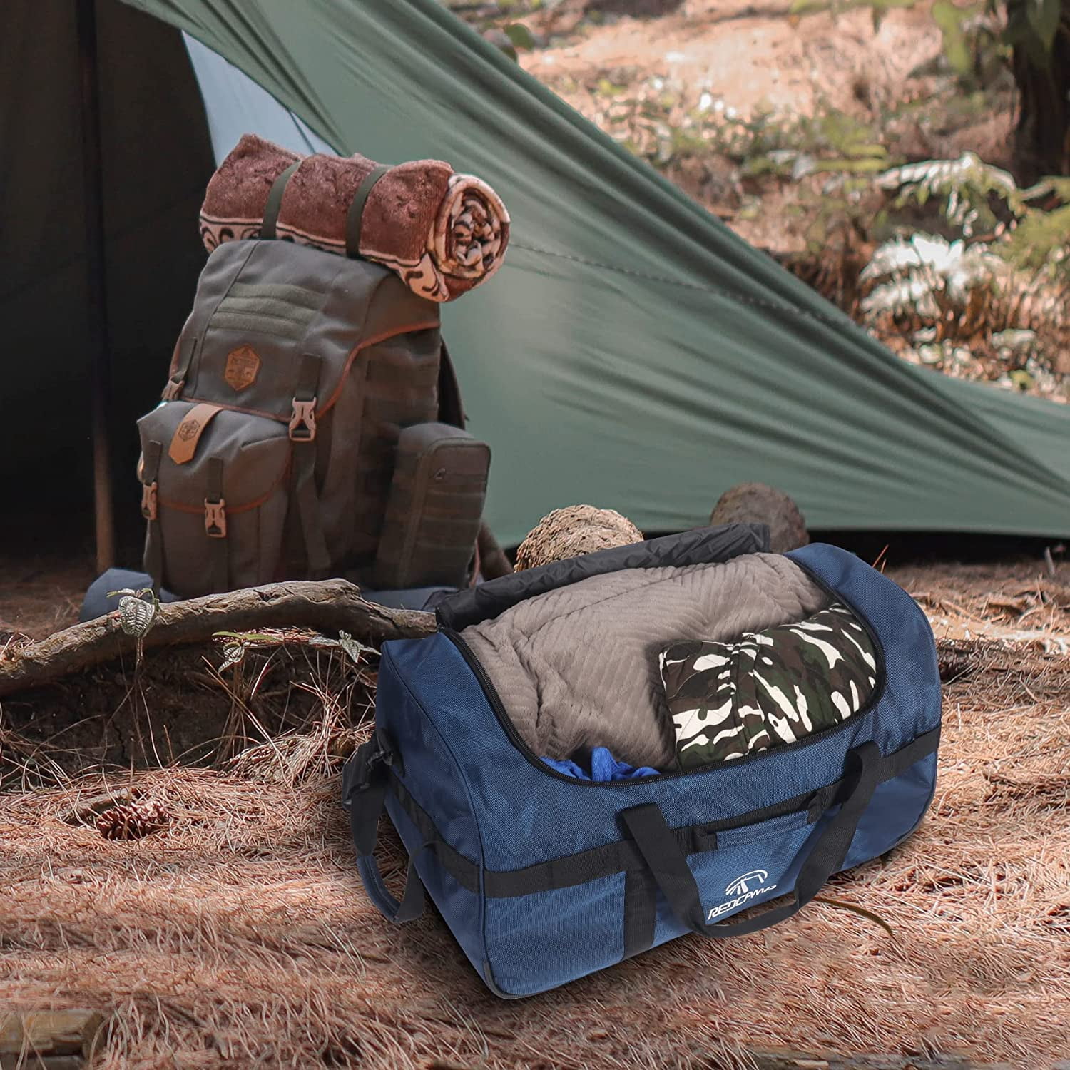 REDCAMP 85L Foldable Duffle Bag with Wheels 26", 1680D Oxford Collapsible Large Duffel Bag with Rollers for Camping Travel Gear, Navy
