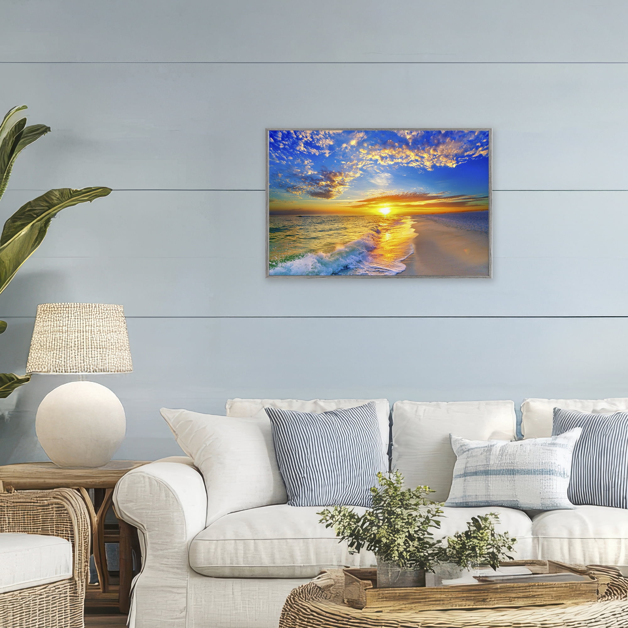 Stupell Industries Golden Sunset Beach Blue Sky Gray Framed Giclee Art, design by Eszra Tanner