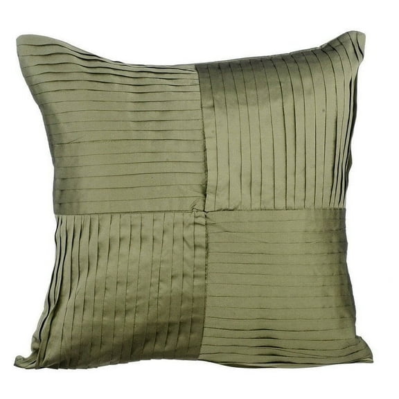 Toss Pillow Cover, Olive Green Designer Throw Pillow Covers 16x16 inch (40x40 cm), Art Silk Pillowcase, Solid Color, Pintucks, Textured, Striped, Patchwork - Earthy Elements
