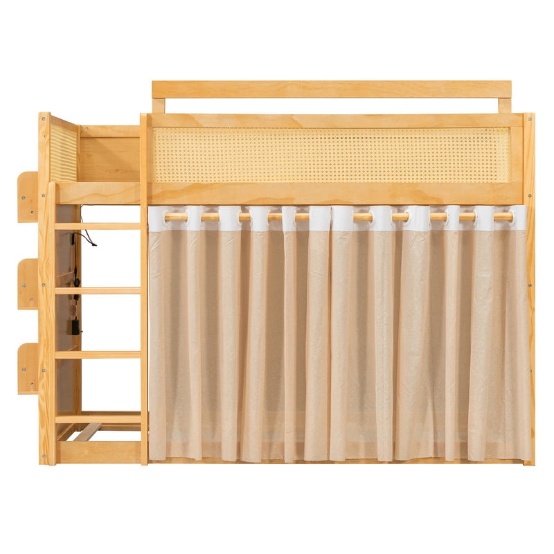 Twin Size Bunk Bed with 3-Tier Storage Shelf, Rattan-Style Design, Privacy Curtains and Built-In Light Strip, Modern Wood Twin Over Twin Bunk Bed Frame with Ladder for Kids Teens