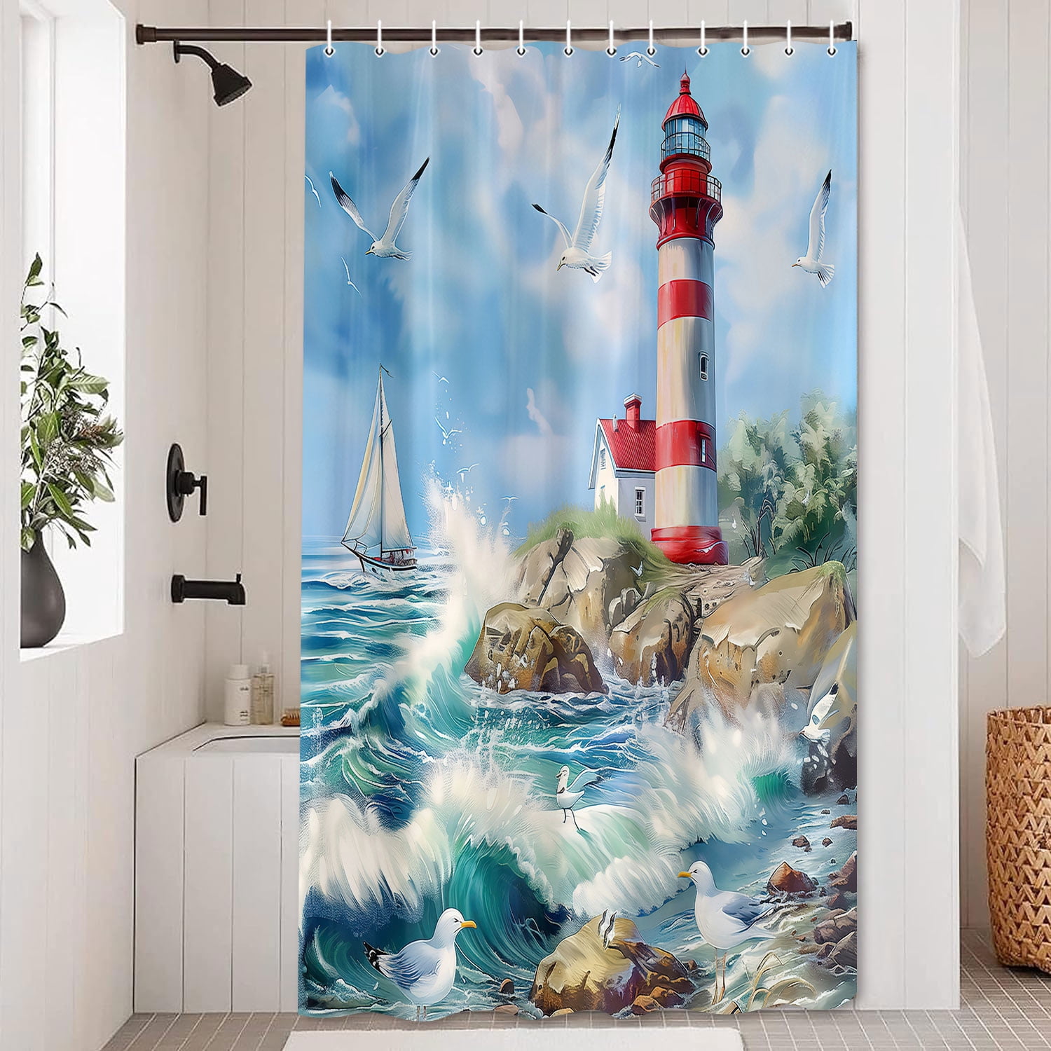 Lighthouse Shower Curtain,Ocean Wave Beach Seagull Shower Curtain for Bathroom Decor,Nautical Sailboat Blue Sky Lighthouse Cottage Bath Curtains,Washable Fabric Bathroom Decor with Hooks 70X70in