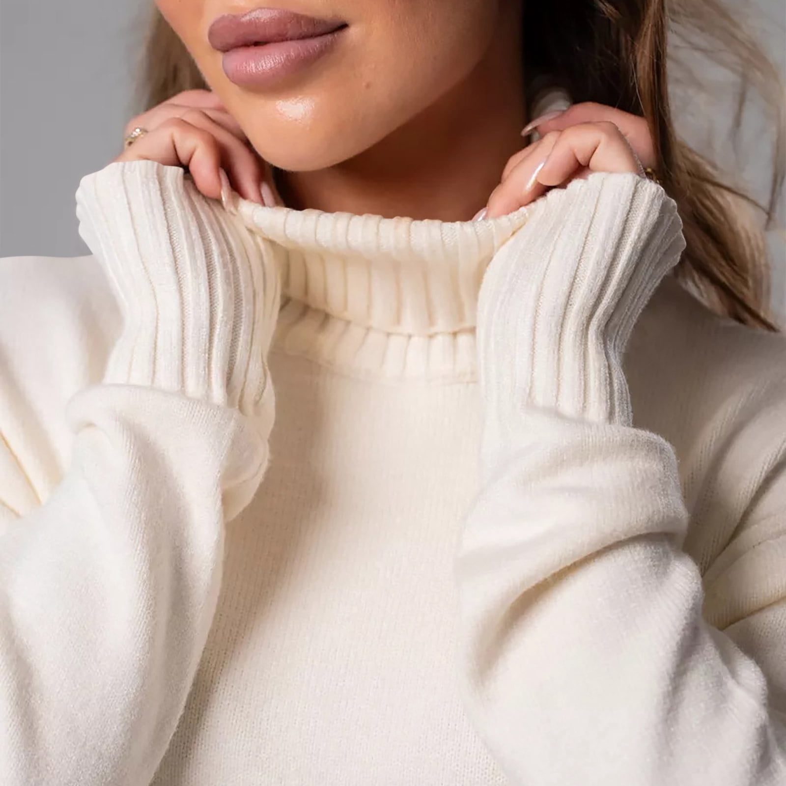 Arnsht Womens Fall and Winter Elegant Fleece Sweater Dresses Solid Color Loose Turtleneck Dress Long Sleeve Knitted Skirt White S
