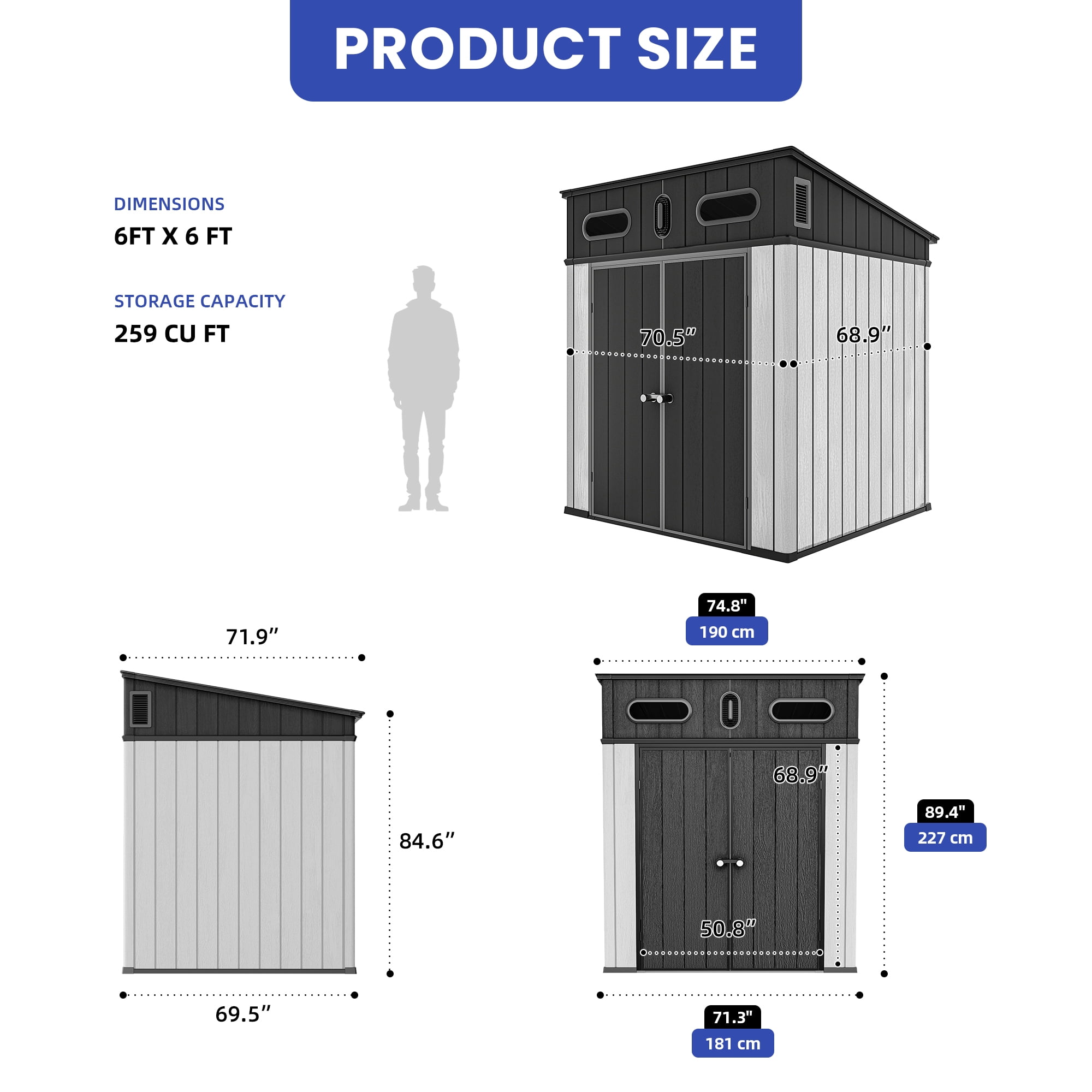 Uforic 6x6 ft Outdoor Polymer Storage Shed Unit w/Viewing Panels, Base, Dual Entryways for Equipment, Bicycles, Gray