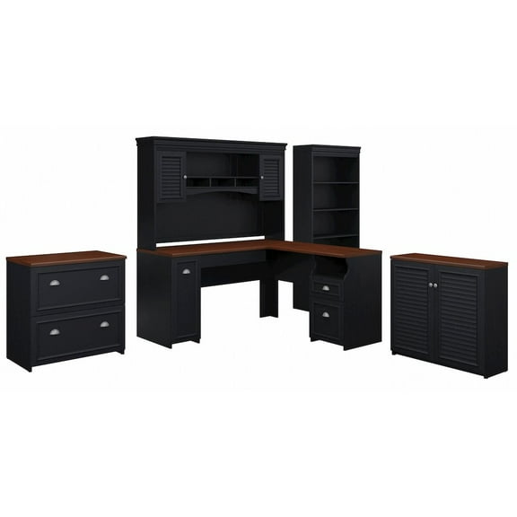 Fairview L Desk 5 Pc Office Set with Storage in Antique Black - Engineered Wood