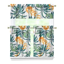 3PCS Hawaii Floral Kitchen Window Curtains Set, 27.5x36in Polyester Tier and Valance, Exotic Jungle Plant Pattern for Small Windows in Kitchen, Bathroom, or Café