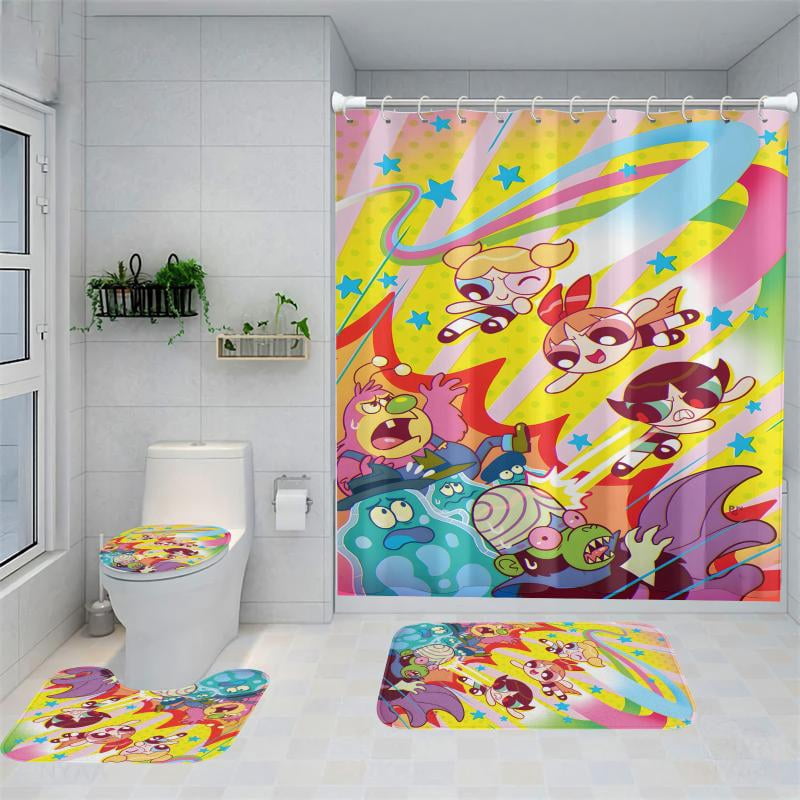 Lheaggik Cartoon Powerpuff Girl 4 Pcs Bathroom Sets with Shower Curtain and Rugs, Waterproof Polyester Shower Curtain Sets with Hooks