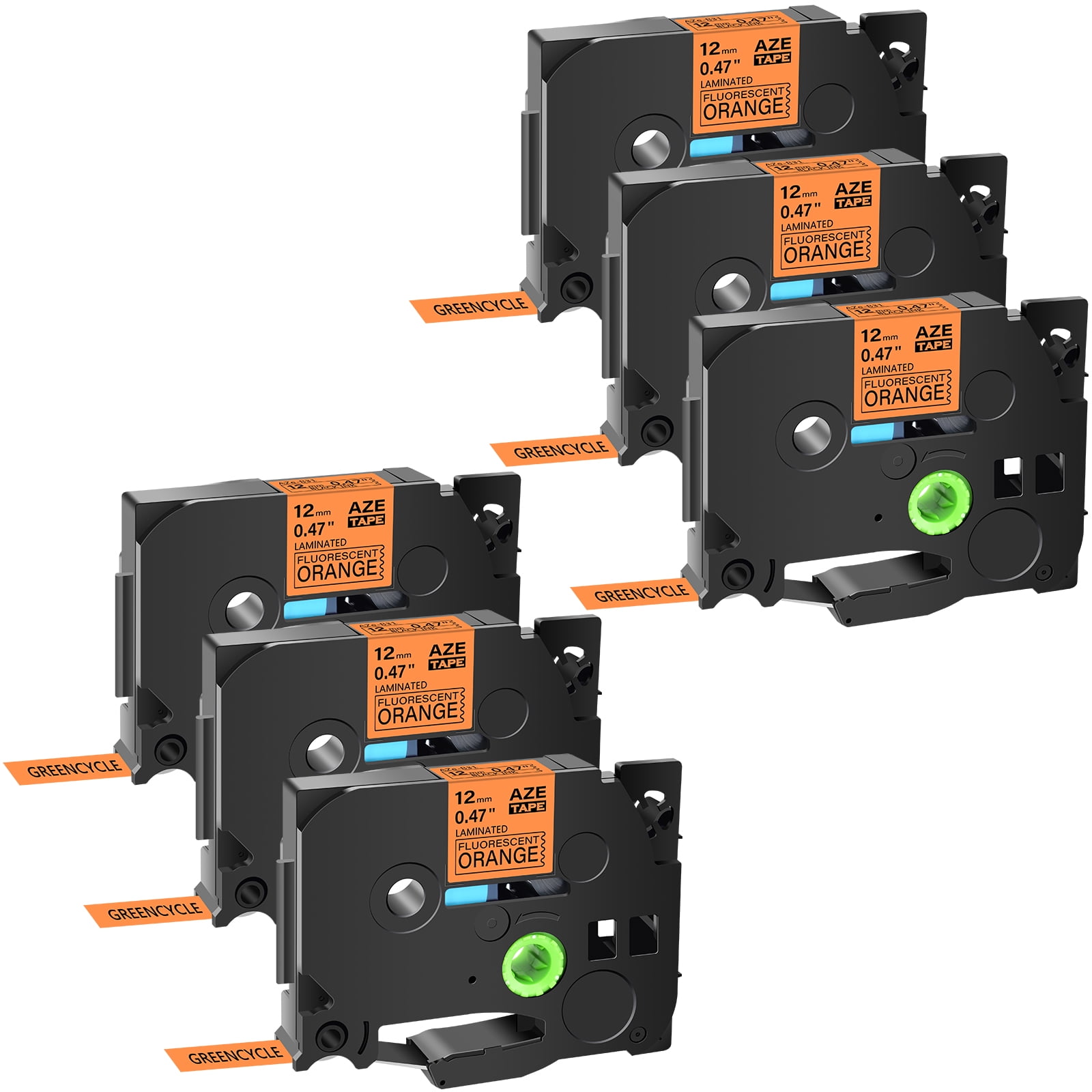 GREENCYCLE 6 Pack Compatible for Brother P-Touch TZ TZe TZe-B31 TZB31 TZ-B31 TZeB31 Label Tape 12mm 0.47'' Black on Fluorescent Orange Laminated use in Cube PT-D600 H110 D210 D400 Label Maker