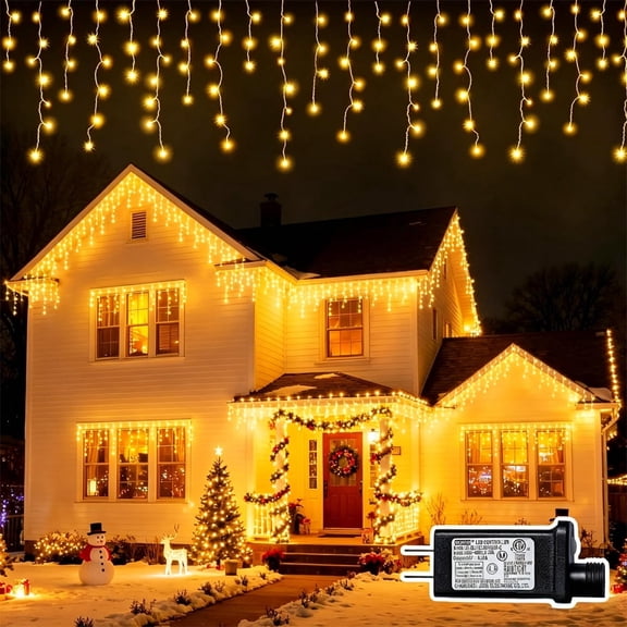 33 Ft Icicle String Lights, 400 LED Christmas Outdoor Lights, 75 Drops Warm White Curtain Lights with 8 Modes Waterproof Indoor Wedding Party Holiday Deco