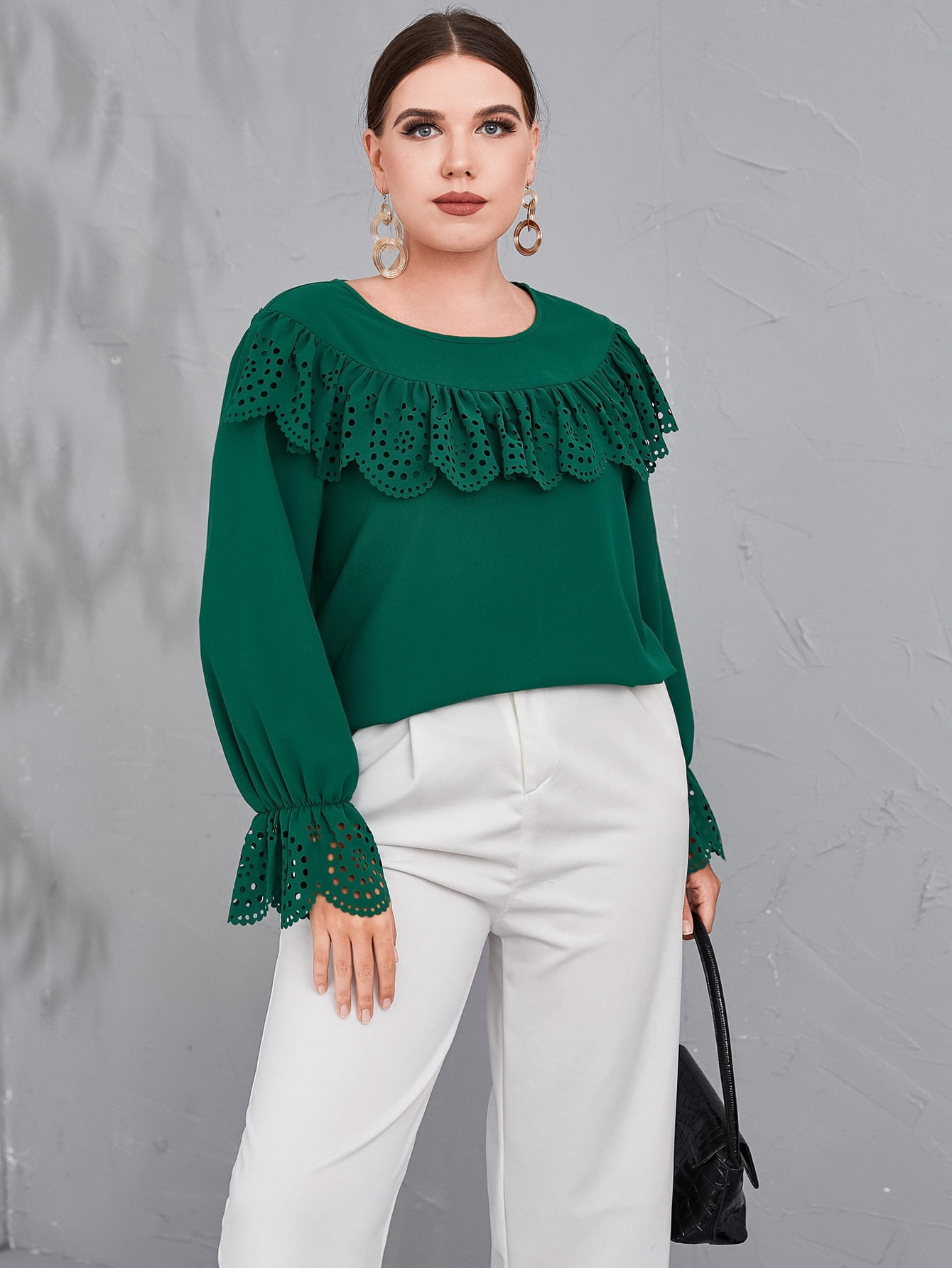 Women's Plus Laser Cut Out Ruffle Trim 
