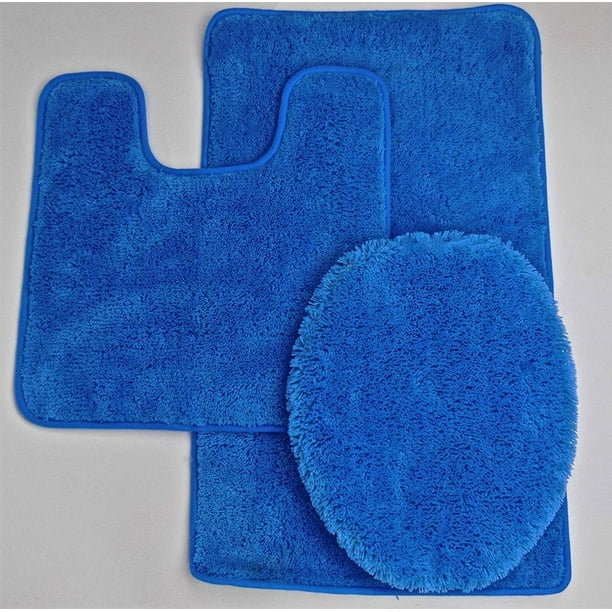 3PC (6) Royal Blue Banded Bathroom Set, Solid Large Contour Mat, Lid