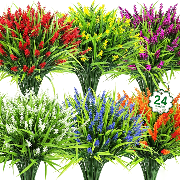 24 PCS UV Resistant Bundles Artificial Flowers for Indoor Outside Garden Porch Window Box Home Wedding Farmhouse (6 Colors)