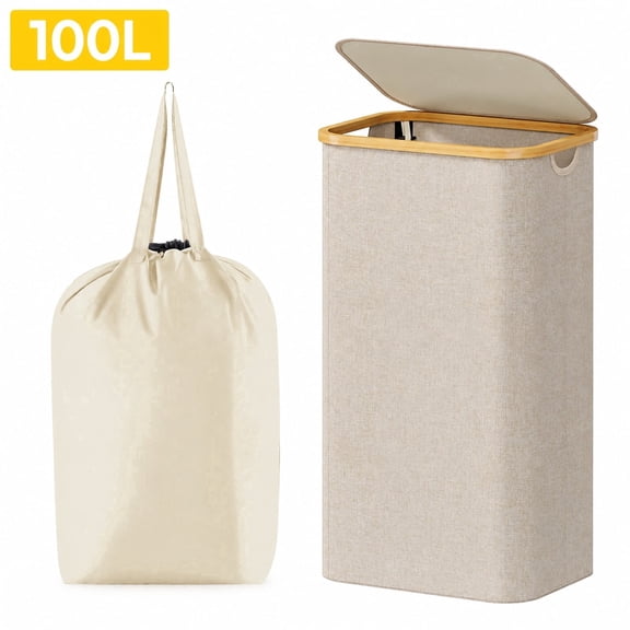 Norcho 100L Laundry Basket with Lid, Large Foldable Laundry Hamper with Bamboo Handles and Removable Bag, Beige, Back to School