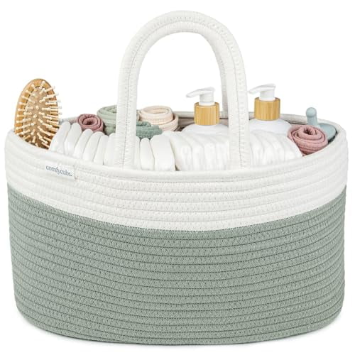 Rope Diaper Caddy Organizer 8.5" x 15" x 8" - Large Baby Diaper Basket with 3 Spacious Compartments - Stylish Cotton Baby Caddy Organizer for Diapers,Wipes & Essentials - Sage