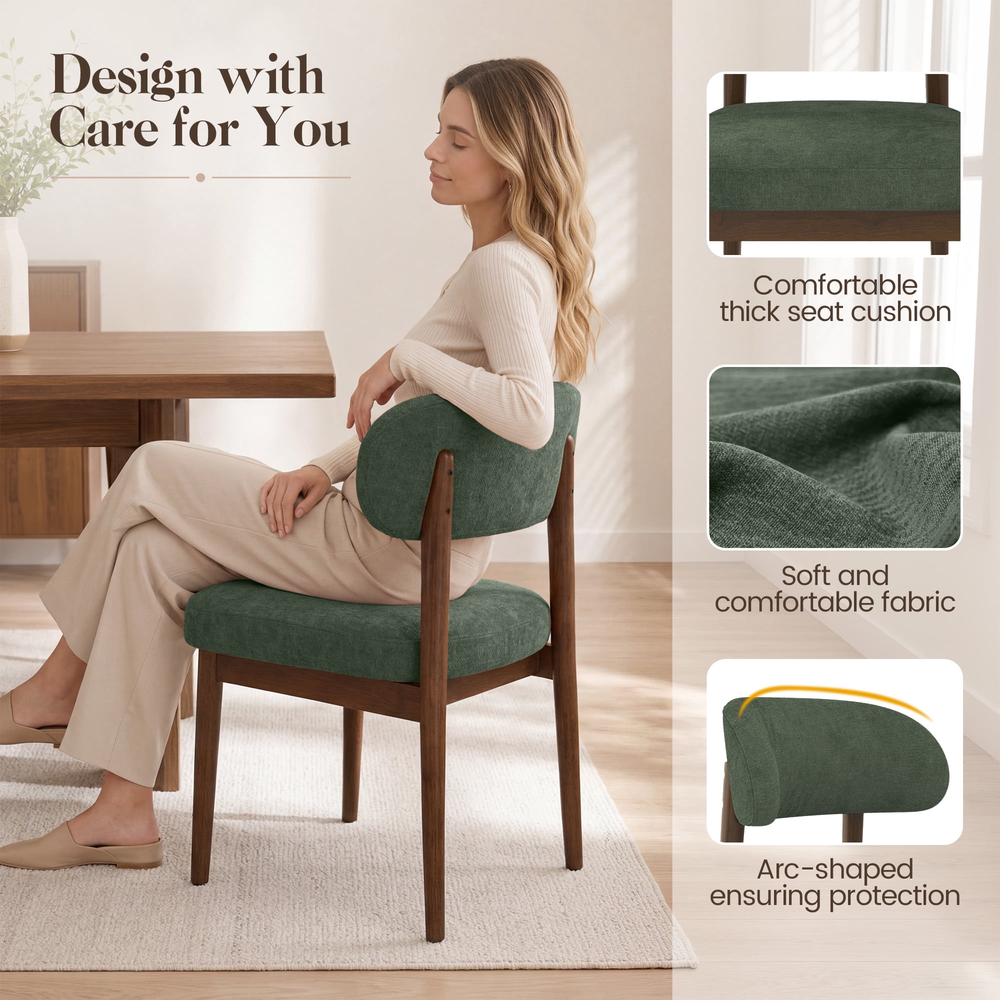 MOONMISS Dining Chair Set of 2,Upholstered Wooden Dining Chairs with Curved Back,Chenille Kitchen Side Chairs,Green