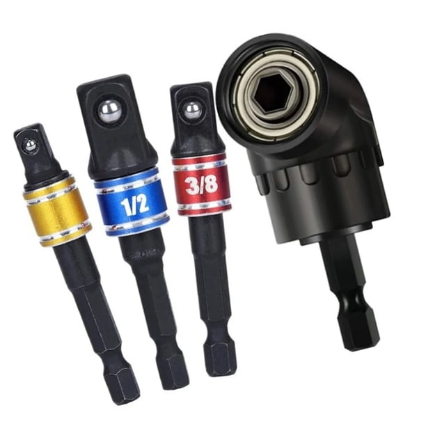 Adaptador de taladro de 4 piezas, broca en ángulo de 105°, adaptadores de enchufe de 1/2 pulg., 3/8 pulg. y 1/4 pulg. de 360° para tornillos de tuerca