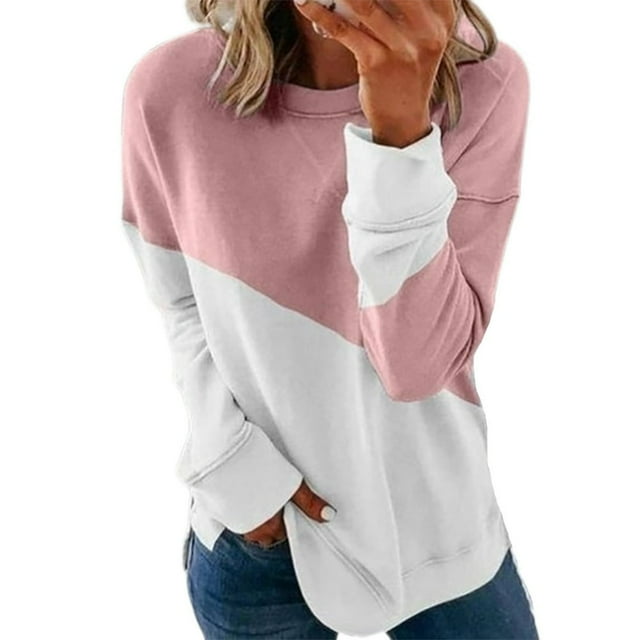 T-Shirt Ample pour Femme à Manches Longues, Chandail à Enfiler, Haut Patchwork à Col Rond, Blouse pour Usage Quotidien
