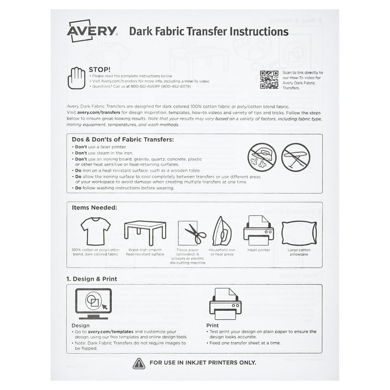 Avery Heat Transfer Paper for Dark Fabrics, 8.5 x 11, Inkjet