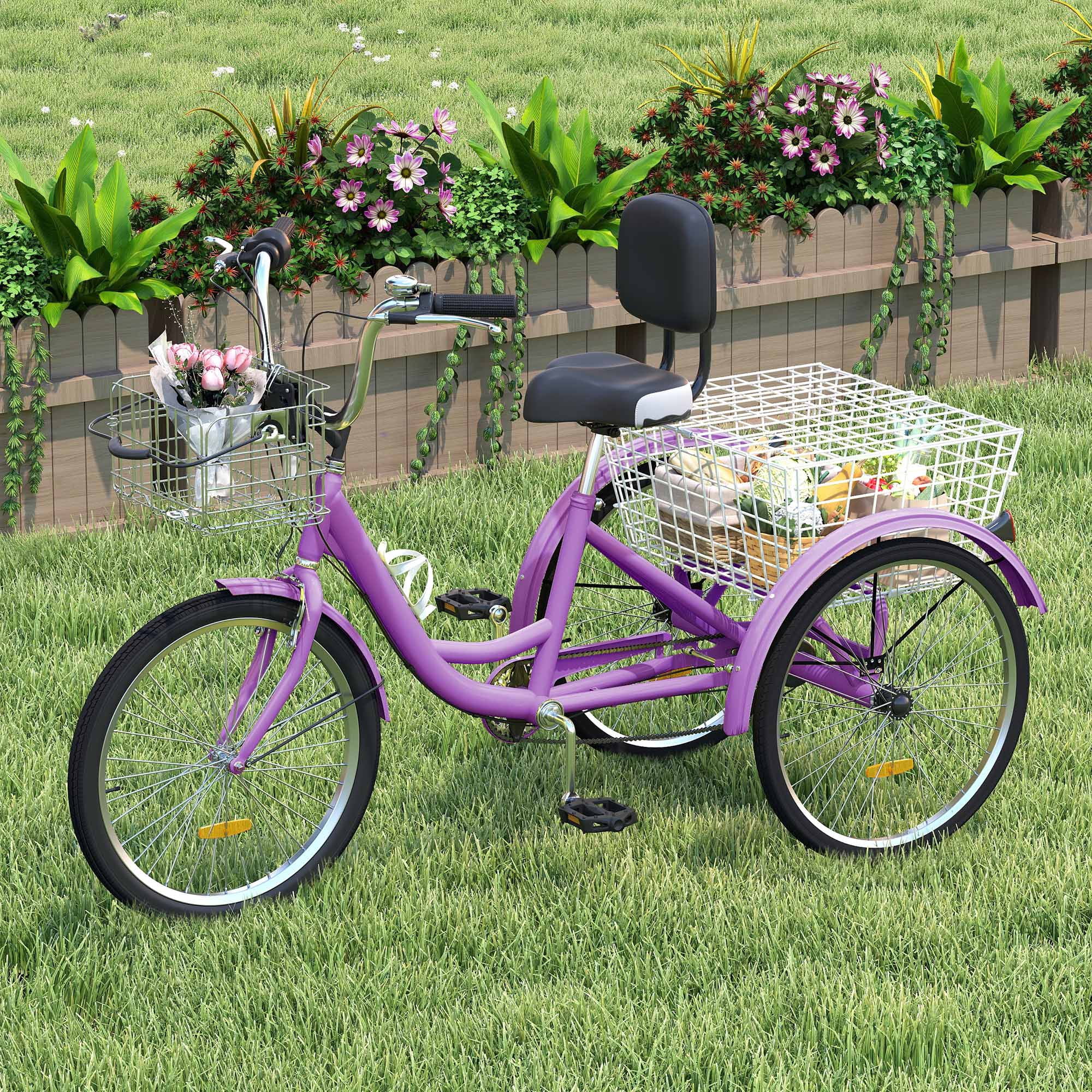 Uforic Adult Tricycle, 24 Inch 7 Speed Three Wheel Bike, Cruiser Trike with Large Seat Backrest for Men Senior Women, Purple