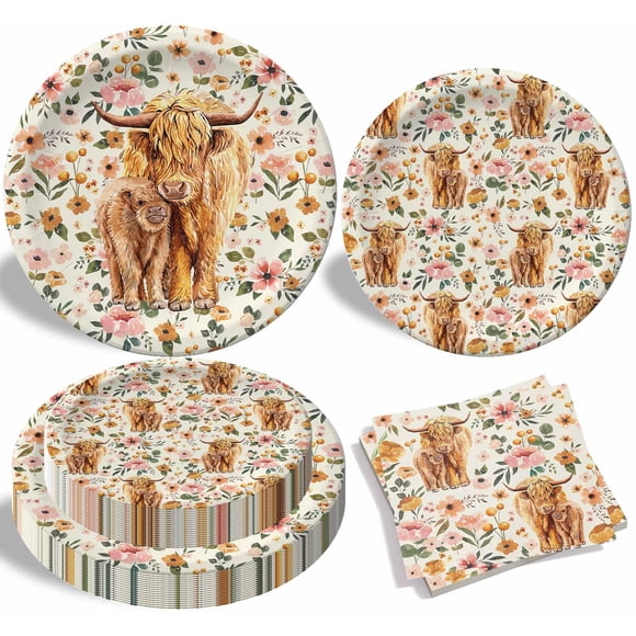 Juego de vajilla de fiesta Buerhanerry Highland Cow para 24 invitados