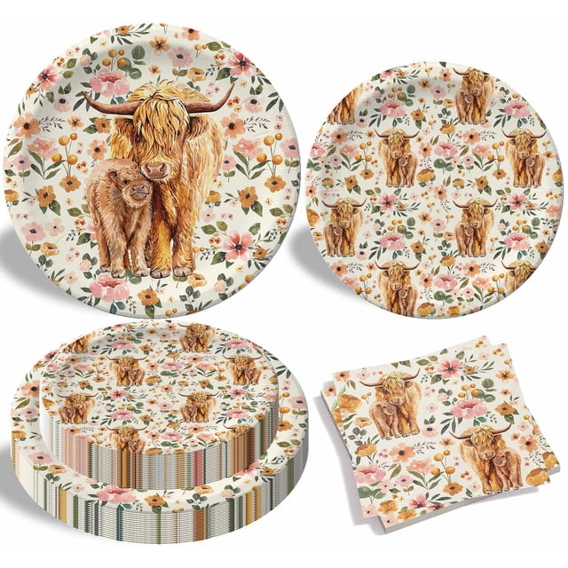 Juego de vajilla de fiesta Buerhanerry Highland Cow para 24 invitados