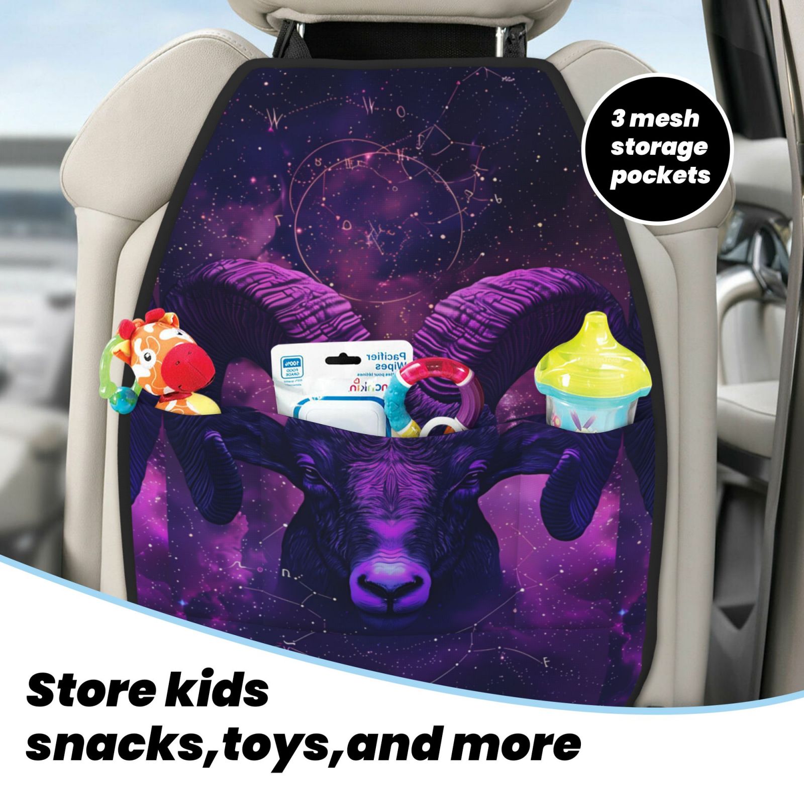 Xecao Purple Starry Sky Antelope Pattern Car Seat Back Protector 2 Pack Large Capacity Pocket, Kick Mats Back Seat Protector