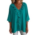 thumbnail image 2 of ClodeEU Women's Linen Blend Ruffle V Neck Half Sleeve Blouse,Casual Loose Solid Shirt Top Blue,Women's Plus L, 2 of 7