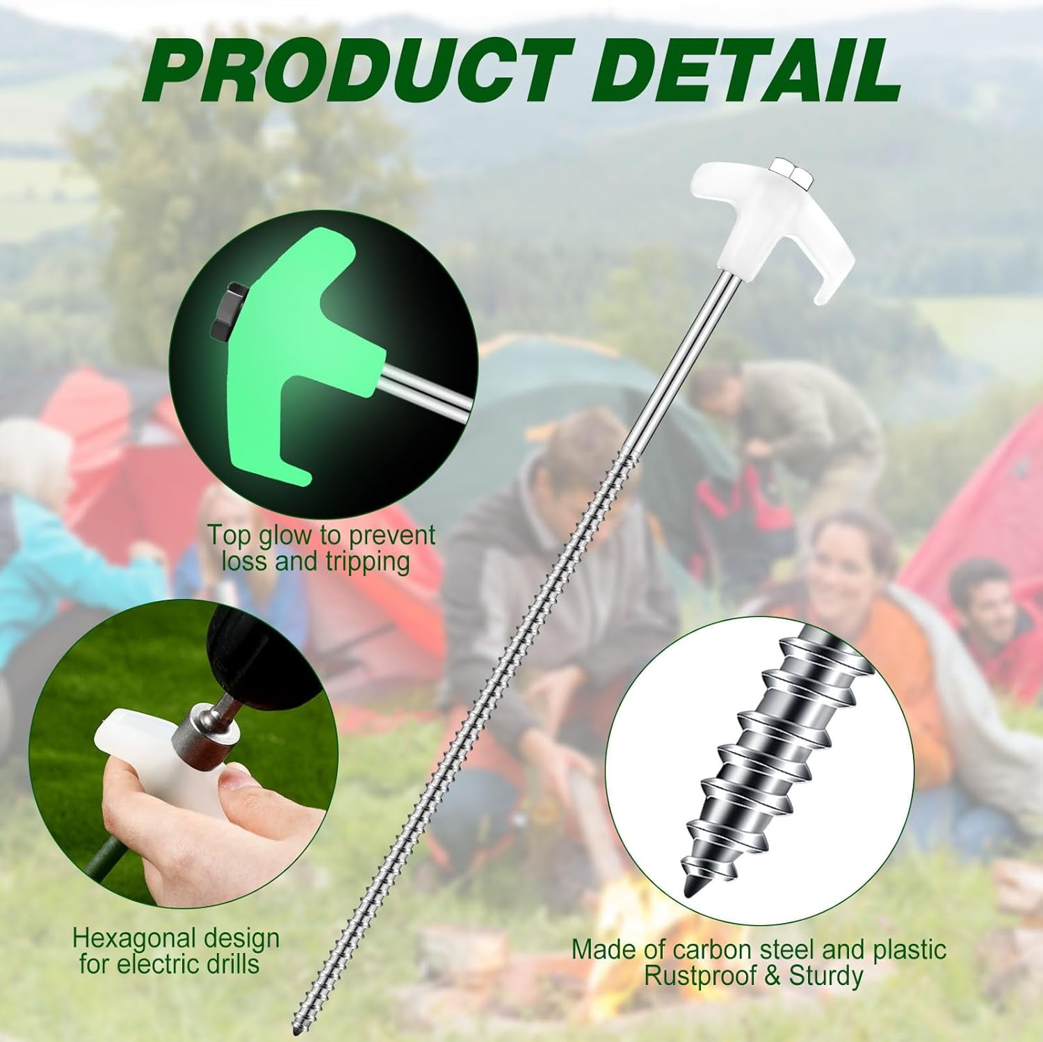 40 Pcs Luminous White Tent Stakes Heavy Duty Metal Ground Anchors with Hex Driver for Camping Garden